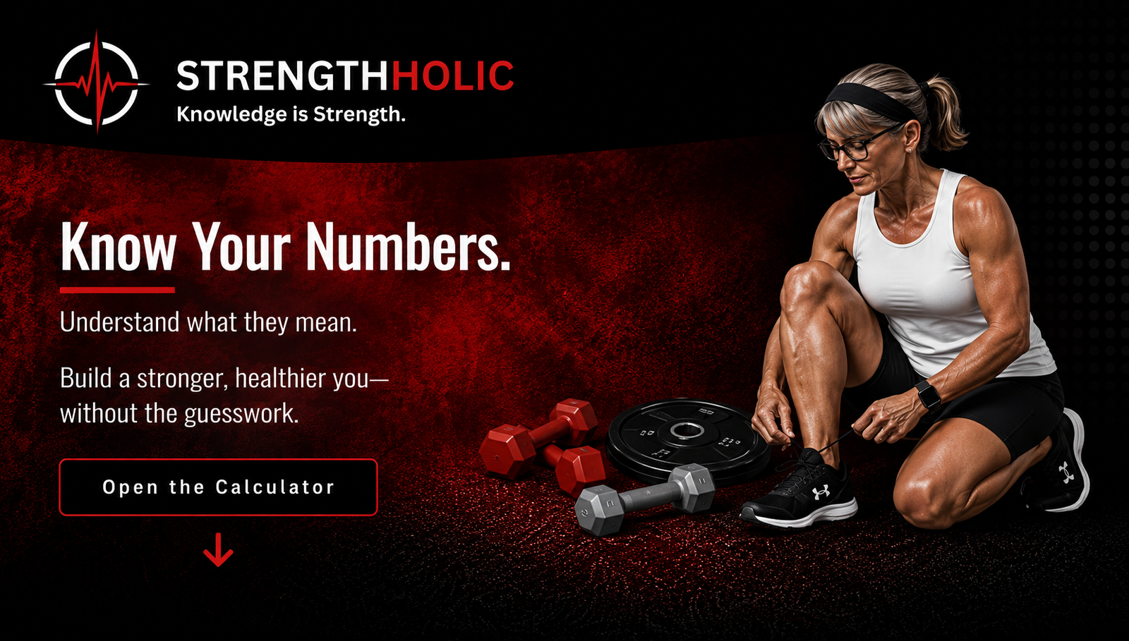 Woman tying running shoe with Strengthholic branding